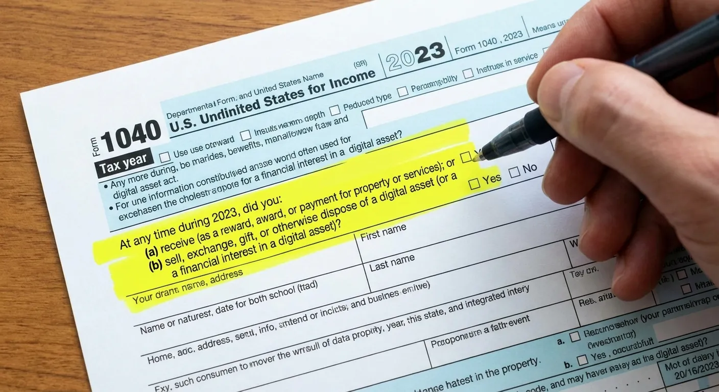 Close-up of IRS Form 1040 showing the digital asset question checkbox