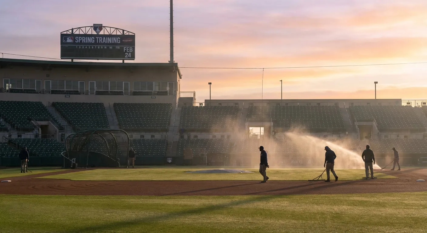 Empty baseball stadium at dawn with spring training fields being prepared