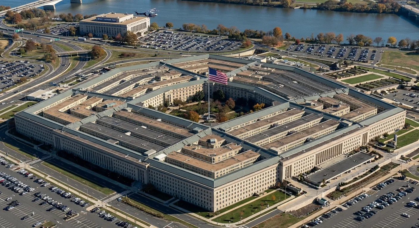 Pentagon building aerial view with American flag