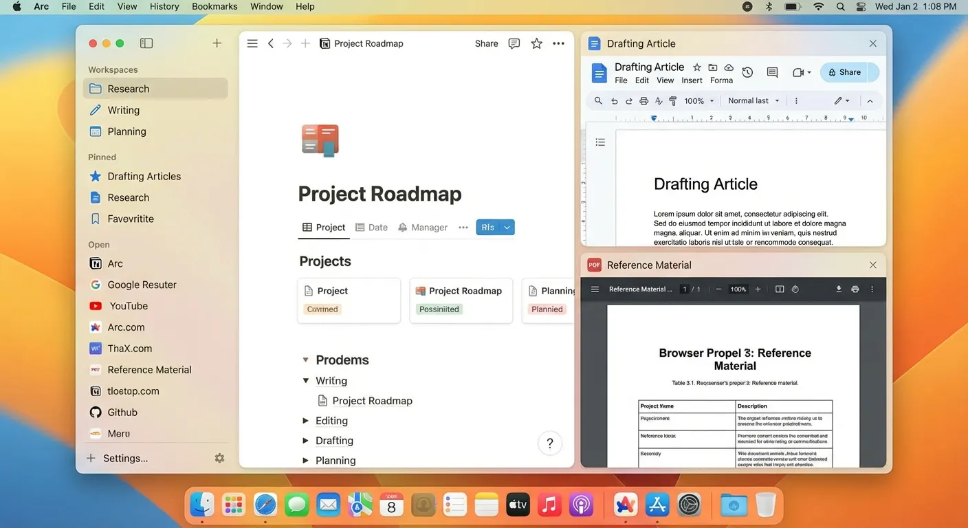 Arc browser interface showing innovative sidebar and workspace organization