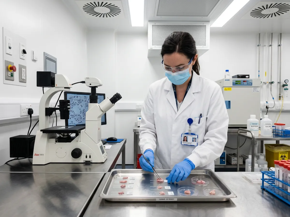 Researcher in sterile clean room examining tissue samples with non-plastic instruments
