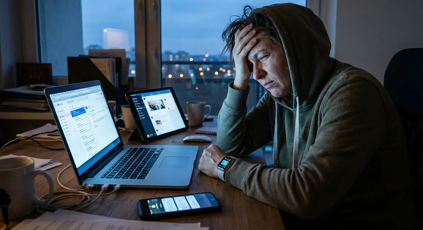Person staring at multiple screens showing notifications and alerts