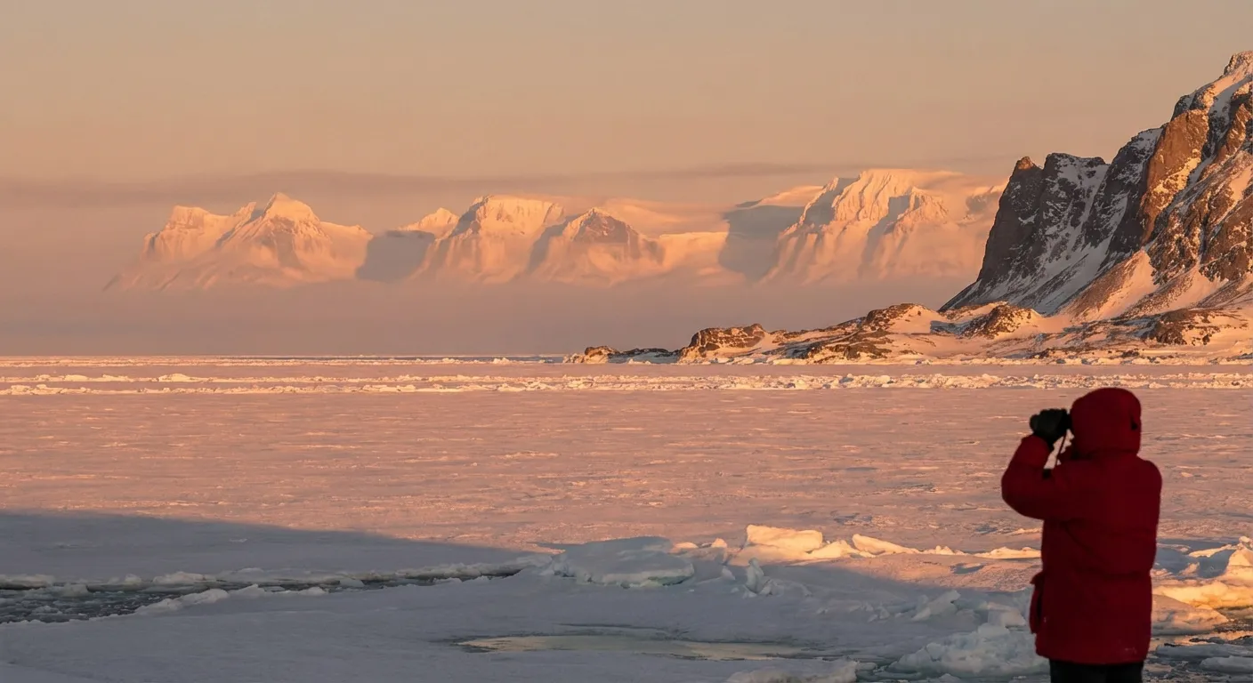Fata morgana mirage over Arctic ocean showing convincing illusion of distant mountains and landmass