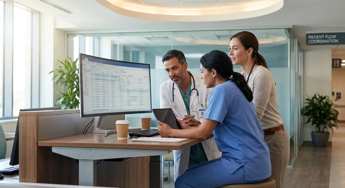 Healthcare team including psychiatrist nurse and social worker consulting at modern emergency department station
