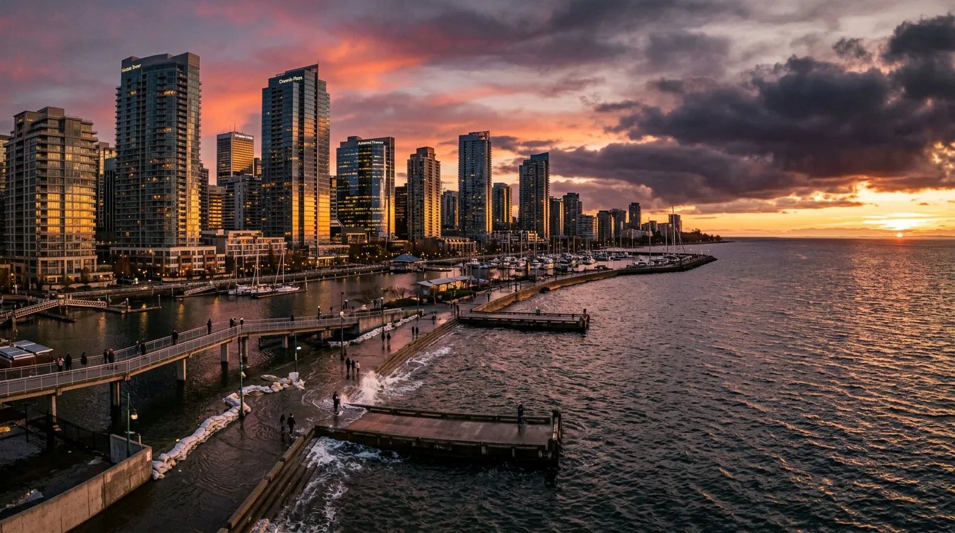 Coastal city skyline at sunset with rising water levels visible along the shoreline