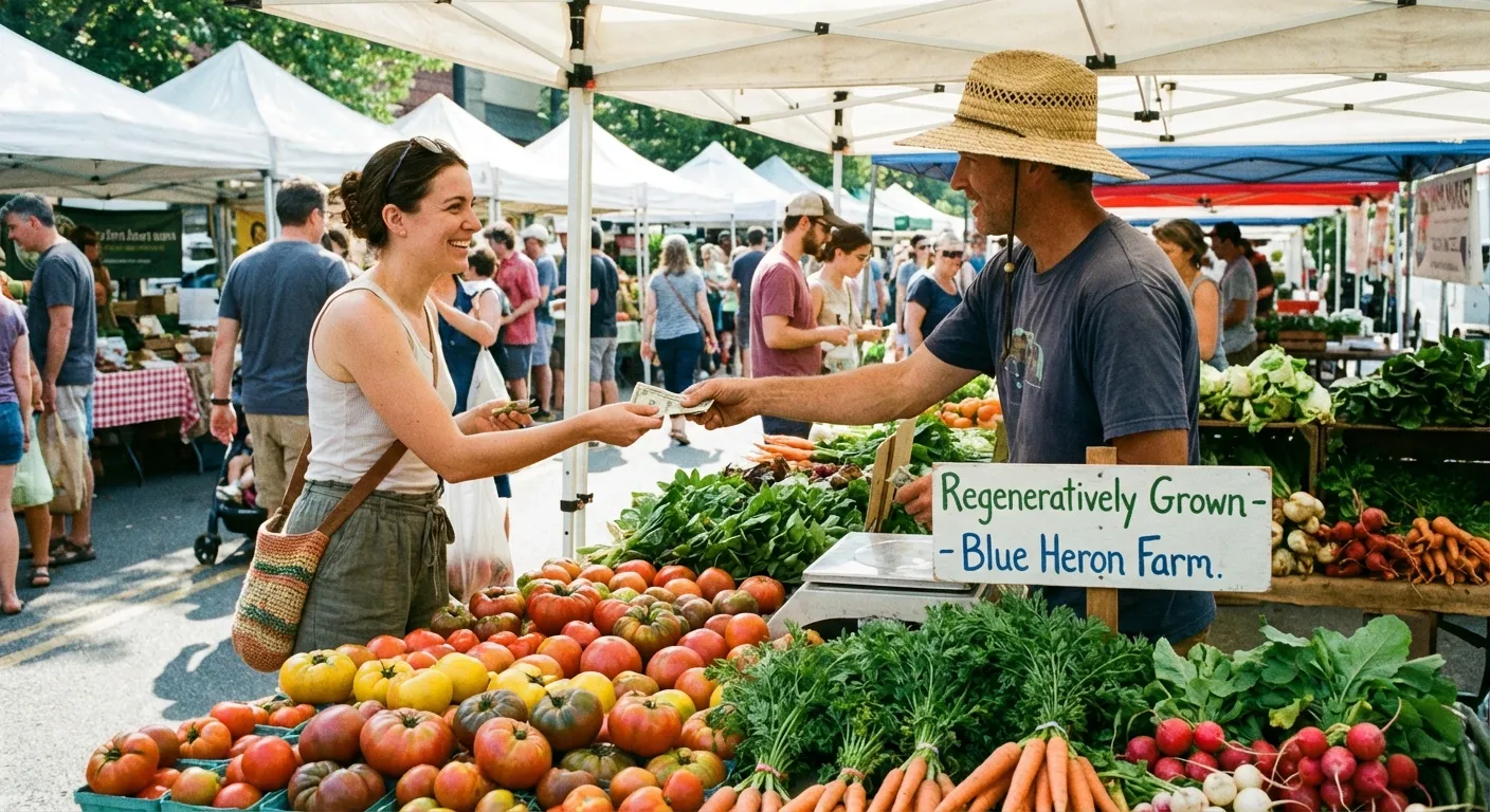 Farmers market scene showing affordable local produce and direct-from-farm purchasing options
