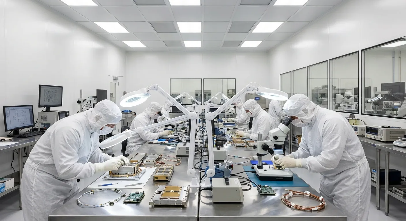 Engineers assembling satellite communication hardware in a cleanroom facility