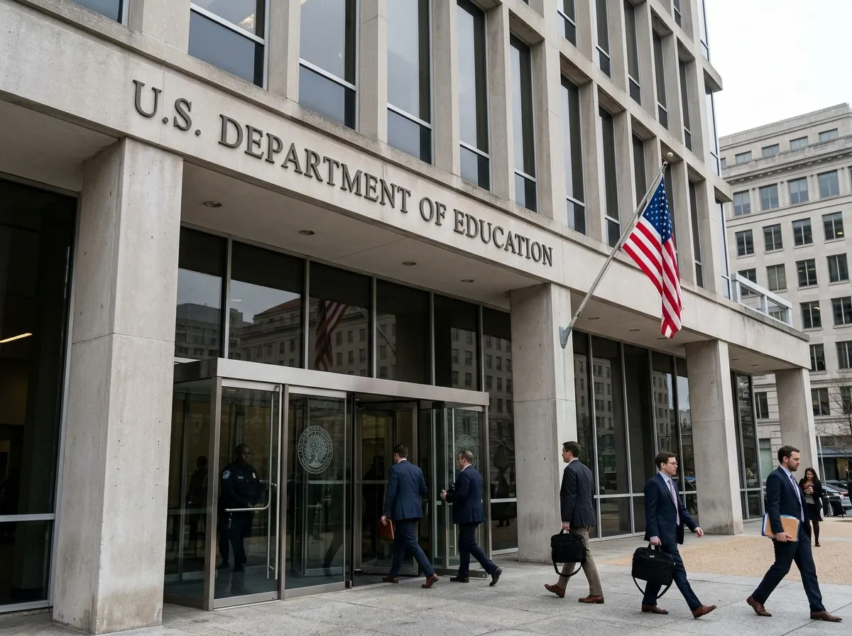 The Department of Education building entrance with its sign visible