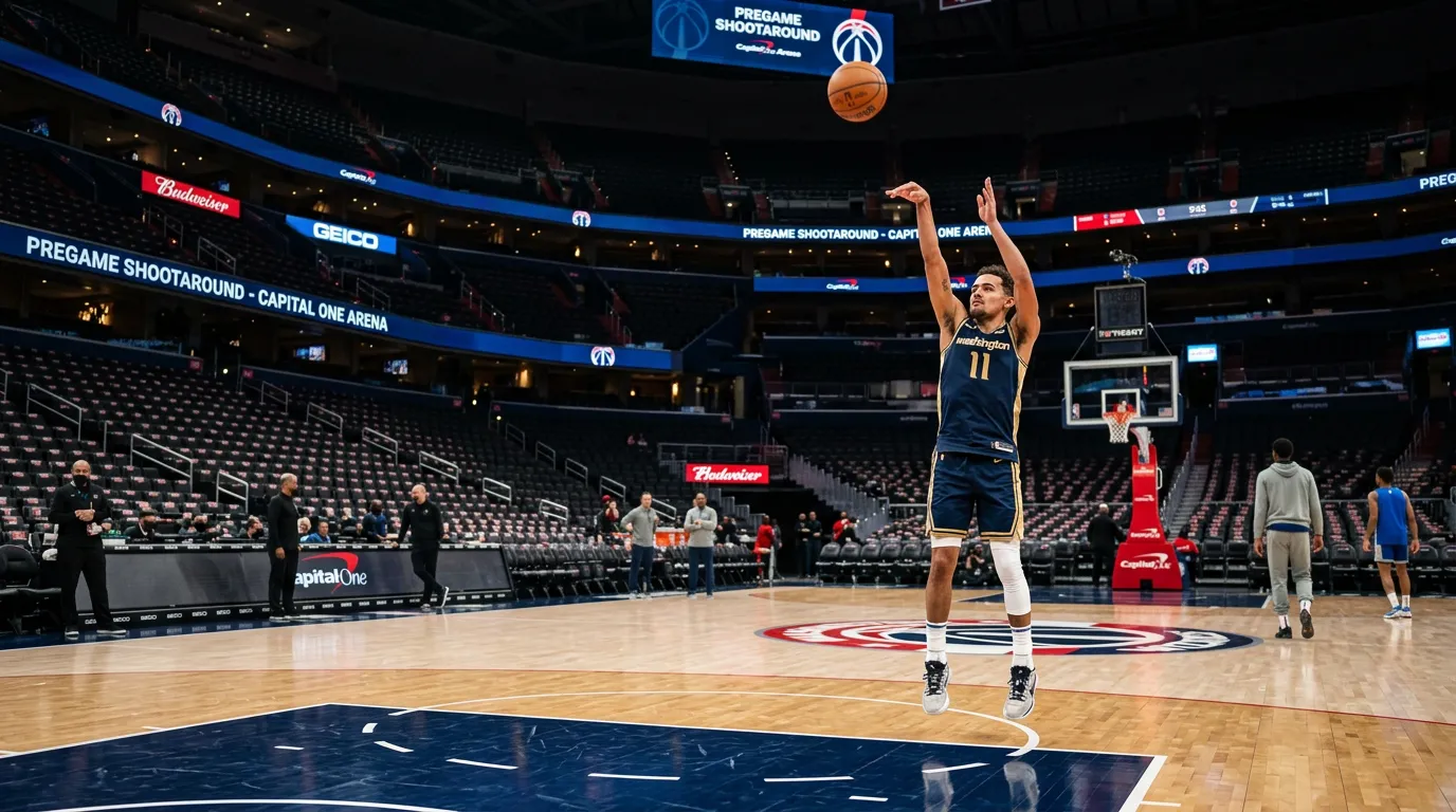 Trae Young in a Washington Wizards warmup jersey shooting during pregame on the court