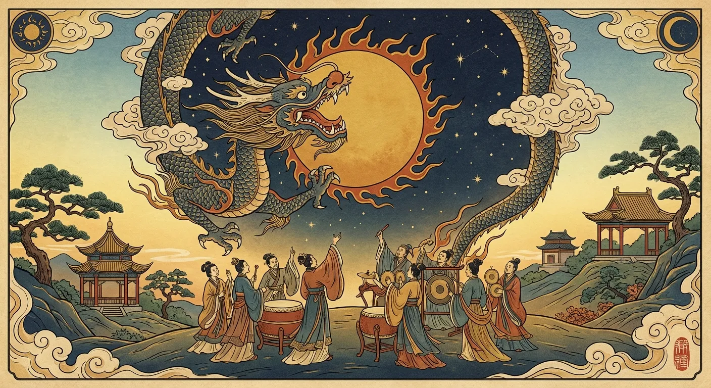 Ancient Chinese illustration depicting celestial dragon consuming the Sun during eclipse