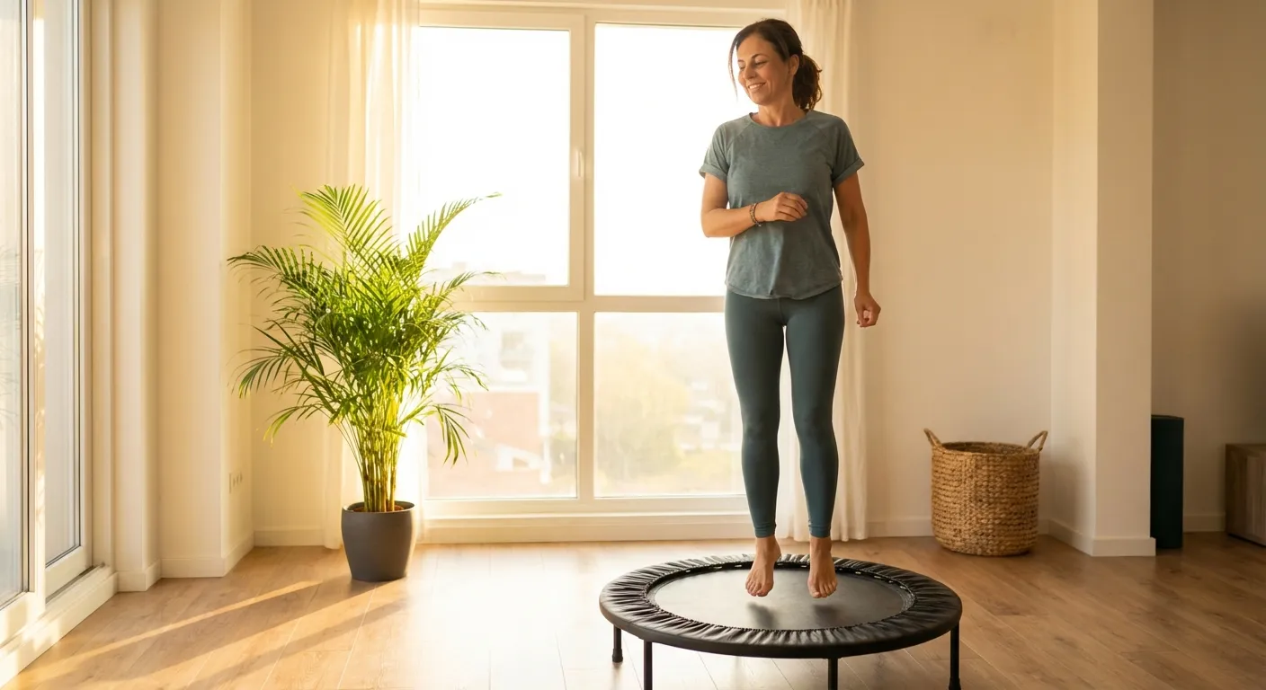 Person performing gentle bouncing on a mini-trampoline rebounder