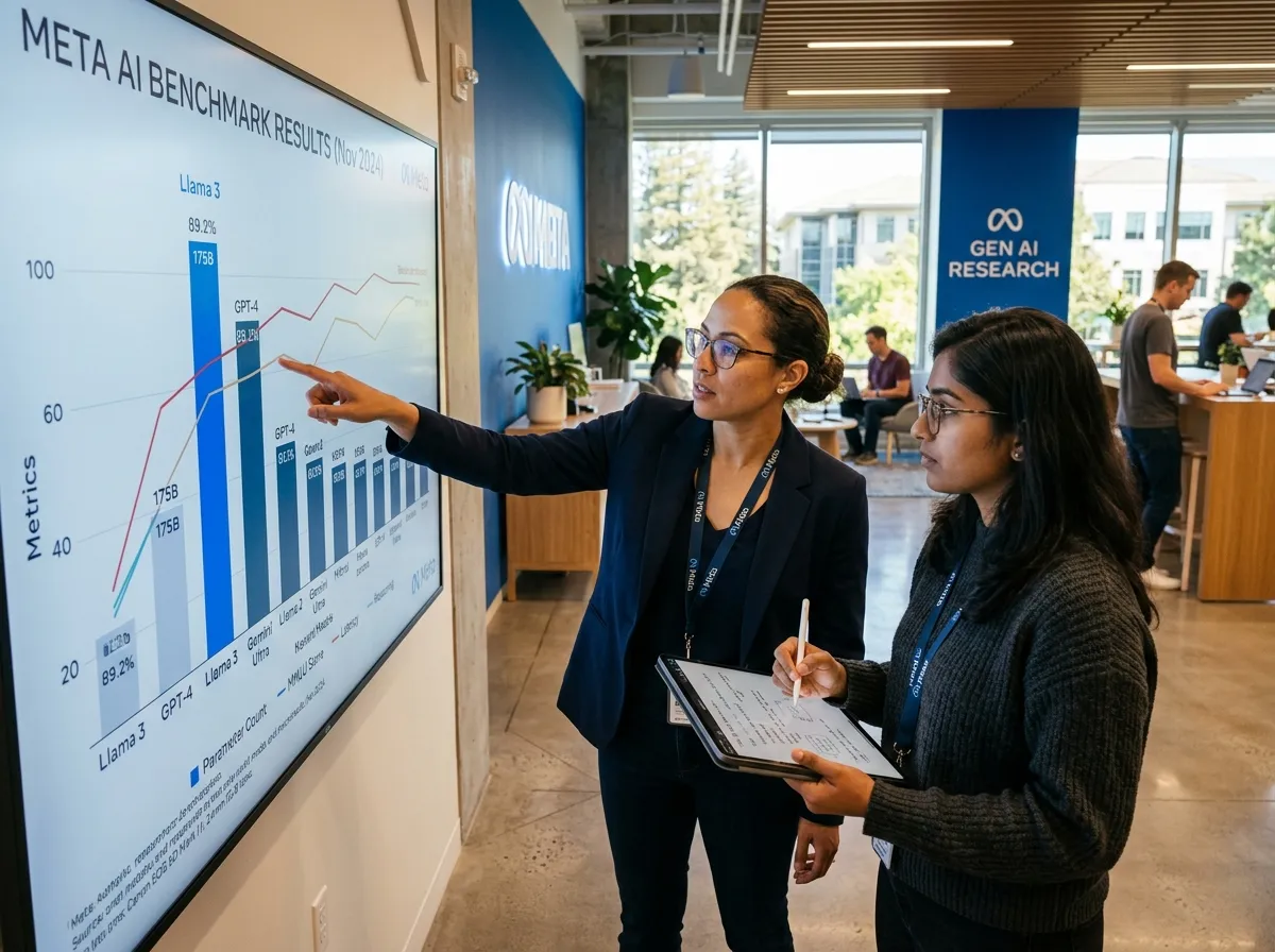 Two researchers comparing a multimodal AI benchmark chart on a large display