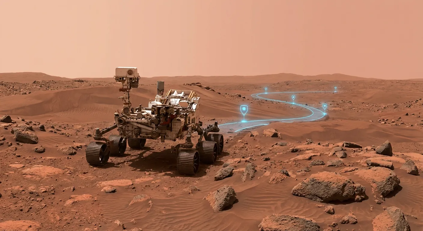 Perseverance rover navigating rocky Martian terrain with AI waypoint overlay visualization