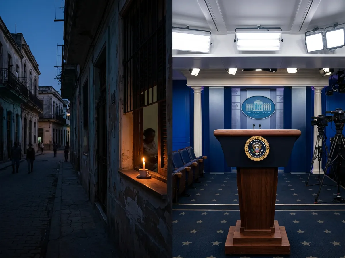 Split scene of dark Cuban neighborhood and White House press conference podium
