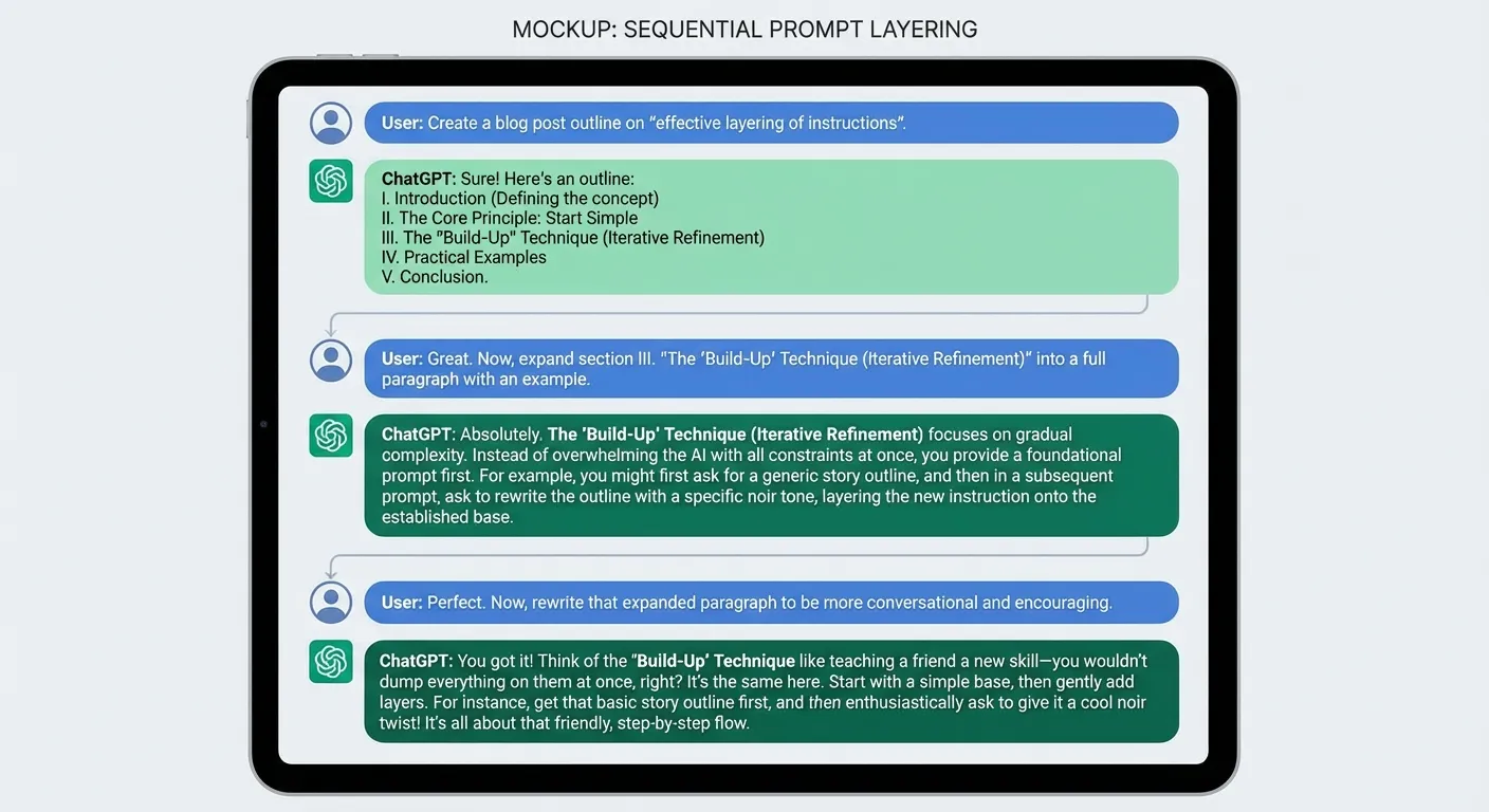Conversation showing layered prompts building on each other