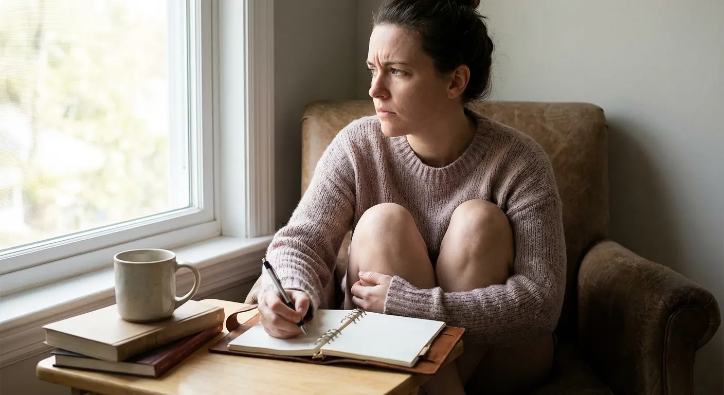 Person sitting alone by window, contemplative expression, journal nearby