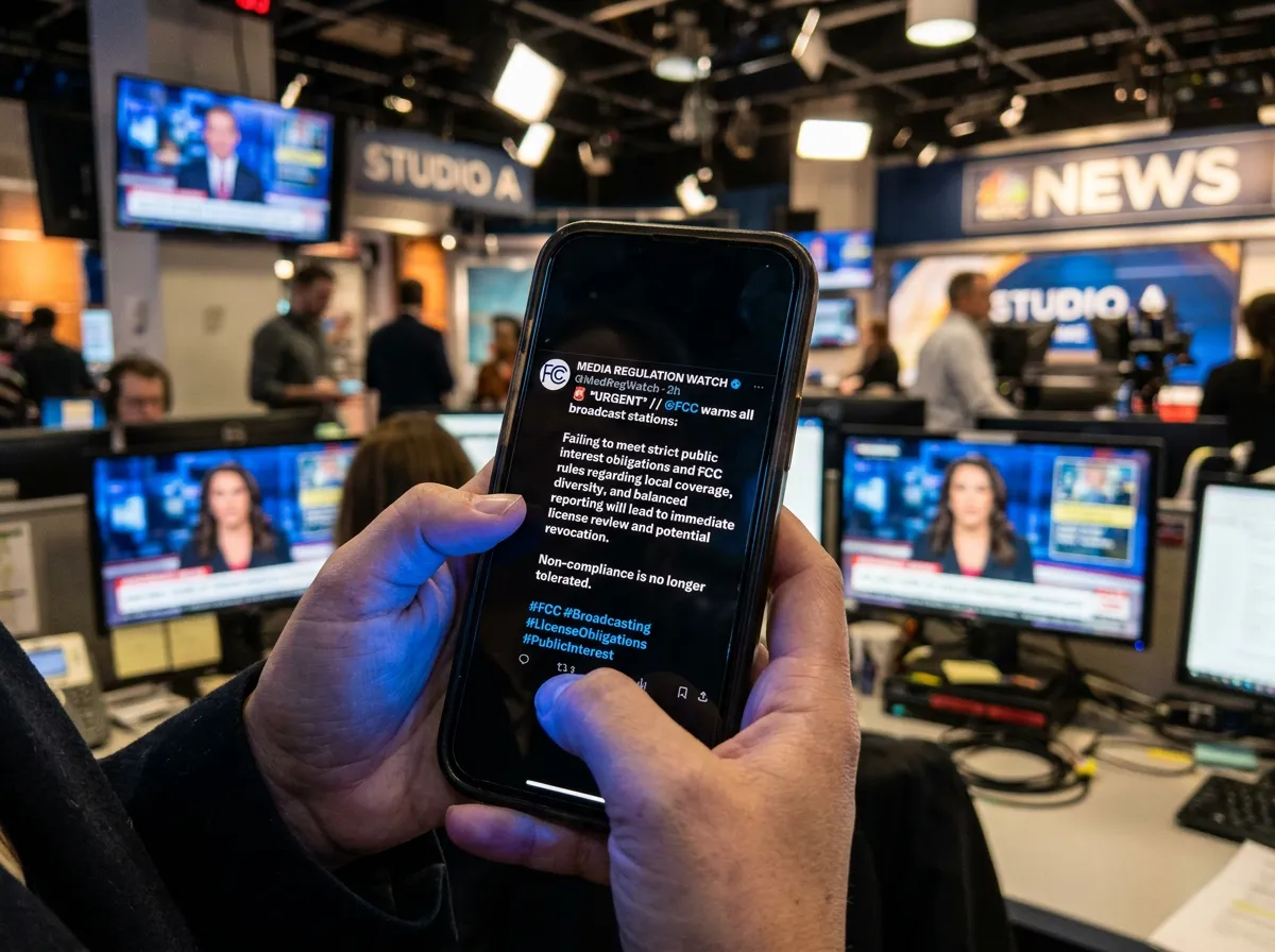 A social media post on a phone screen showing government threats to broadcasters
