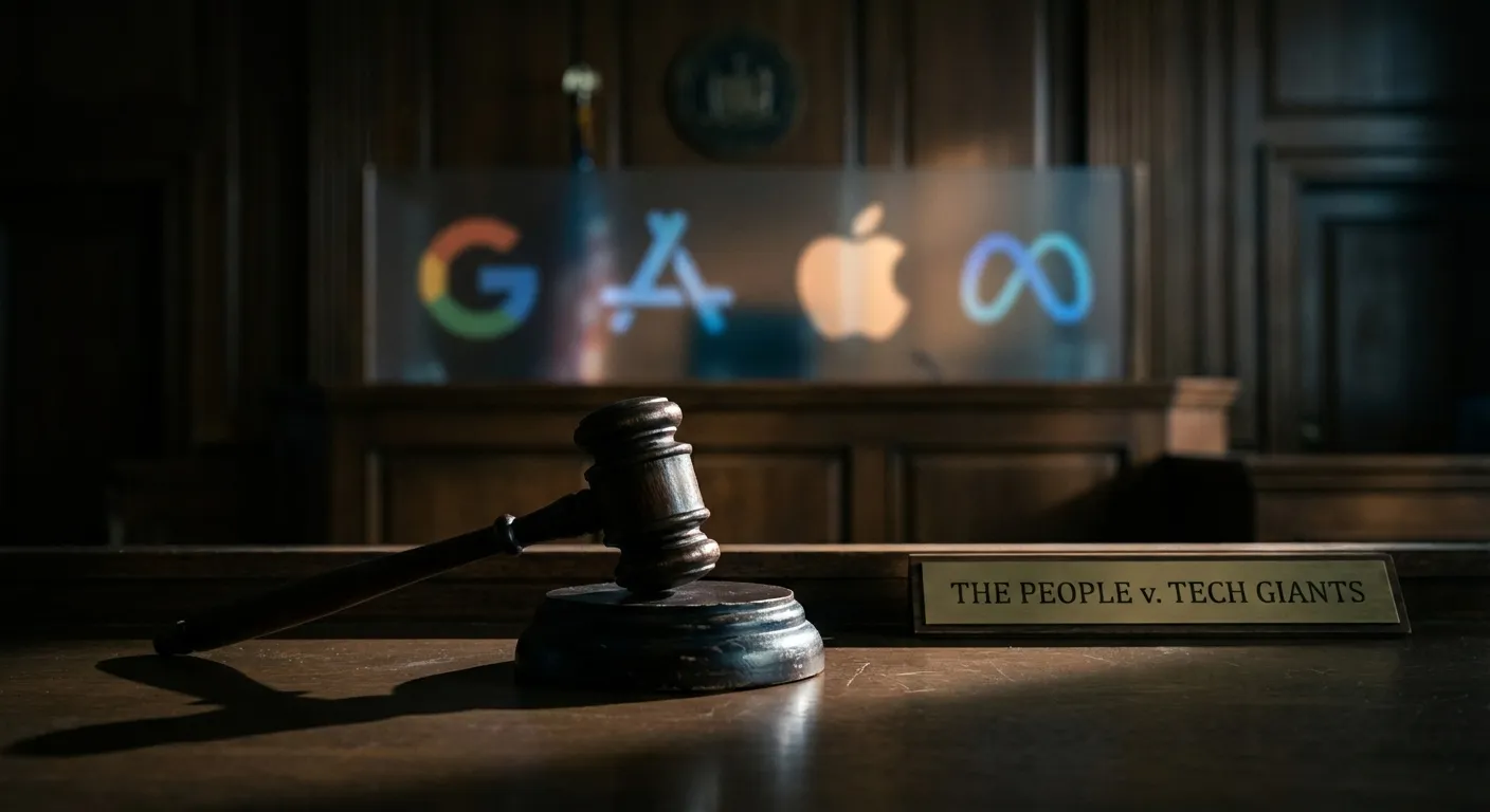 Courtroom gavel with tech company logos in background