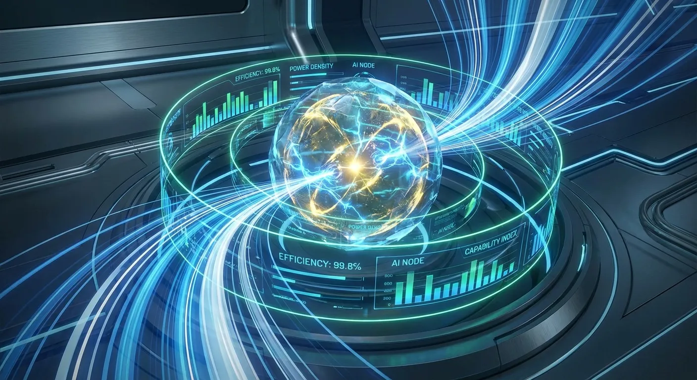 Futuristic visualization of next-generation AI architecture with efficiency indicators
