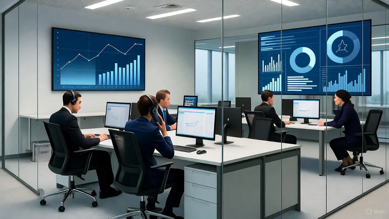 Executive boardroom with AI-themed presentation on screen