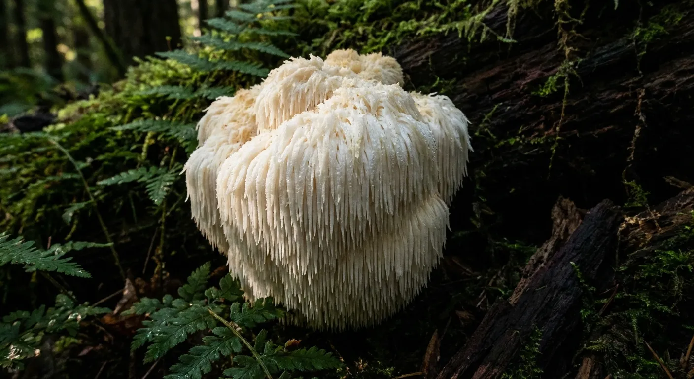 Close-up of lion's mane mushroom showing distinctive white cascading spines