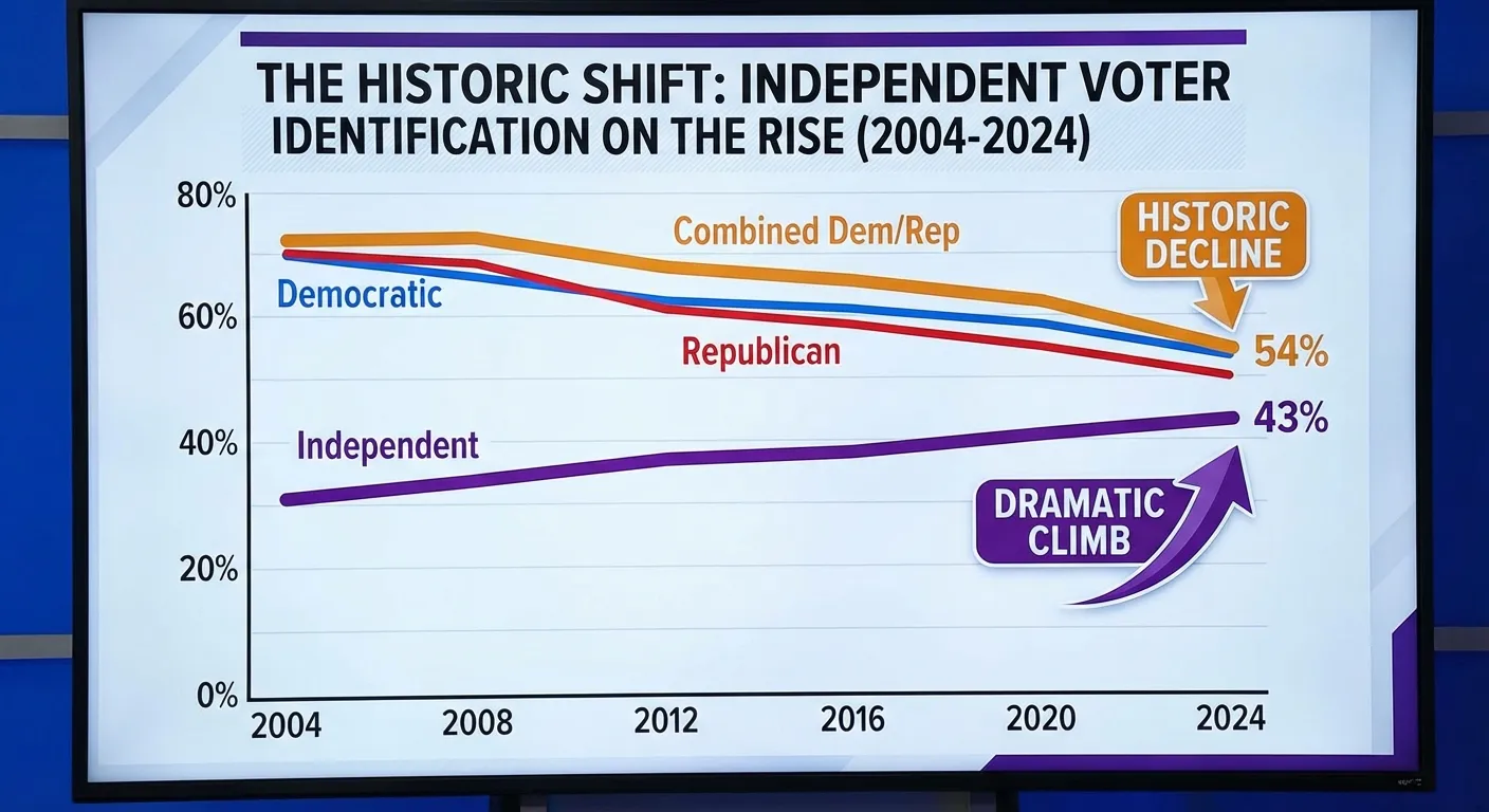Timeline showing the growth of independent voters from 30% to 43% over two decades