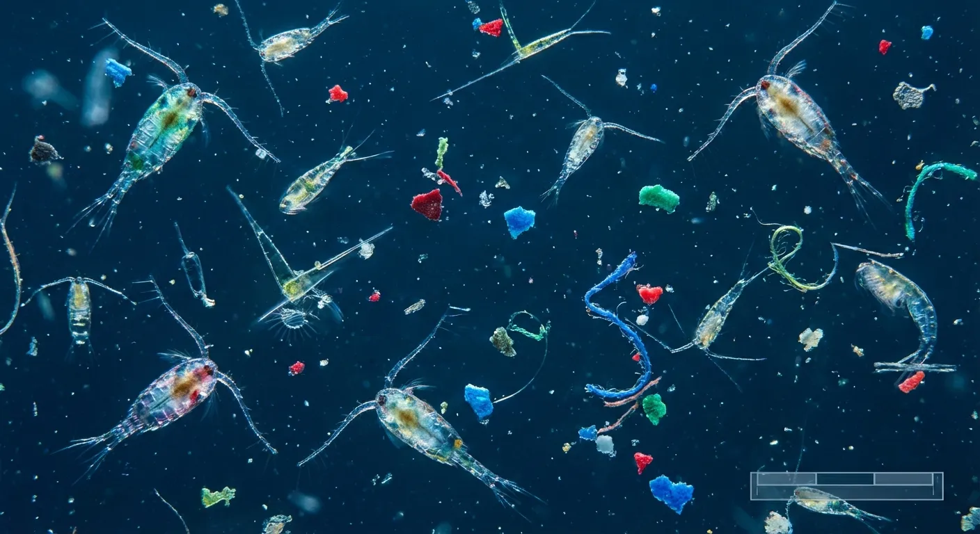 Microscopic view of marine organisms surrounded by microplastic particles in blue ocean water