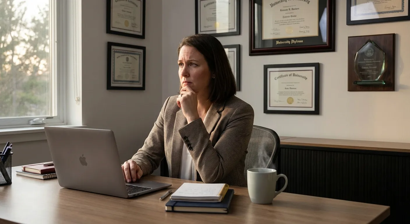 Person at desk with accomplishment certificates on wall behind them, looking uncertain despite evidence of success