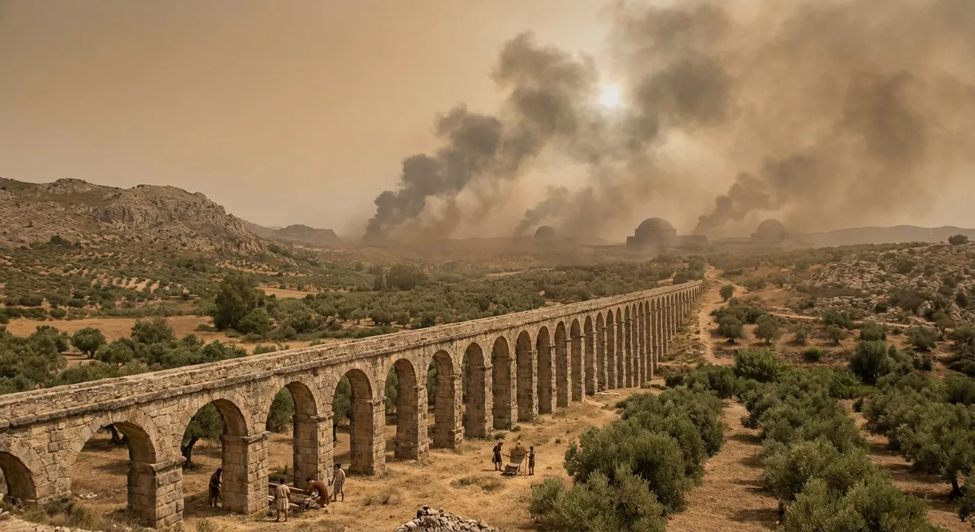 Ancient Roman aqueduct with industrial smelting smoke rising in the background against a Mediterranean sky