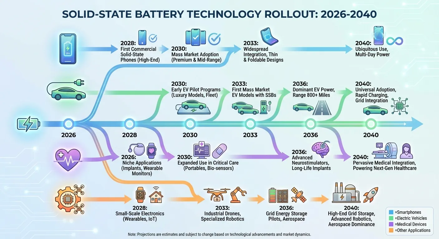 Timeline infographic showing solid-state battery adoption across devices