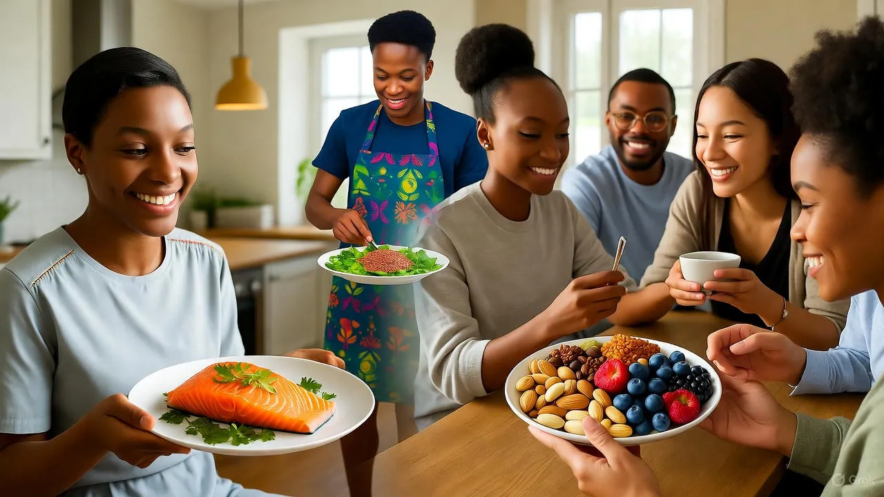 Fresh wild salmon fillet on wooden cutting board with omega-3 rich walnuts and flaxseeds nearby