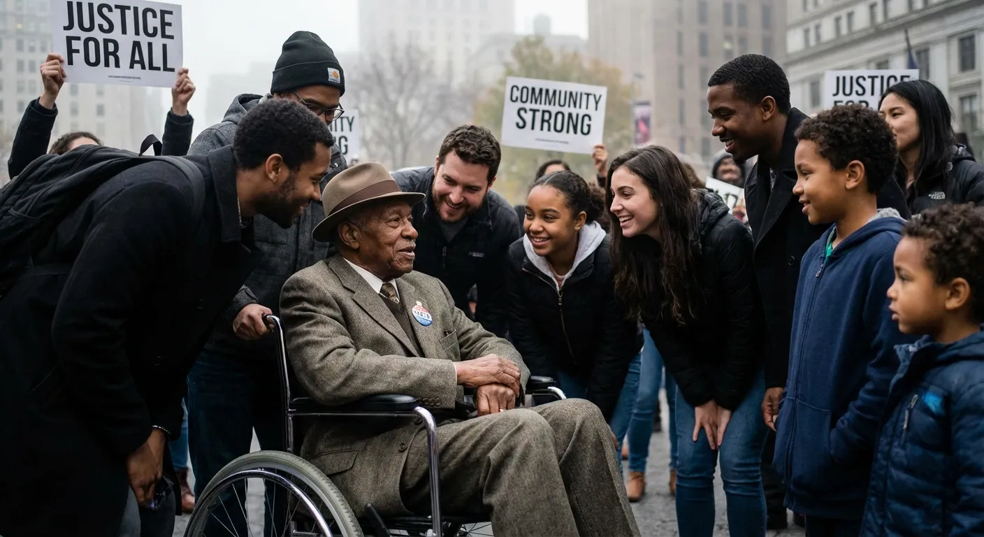 An elderly man in a wheelchair at a protest rally surrounded by supporters