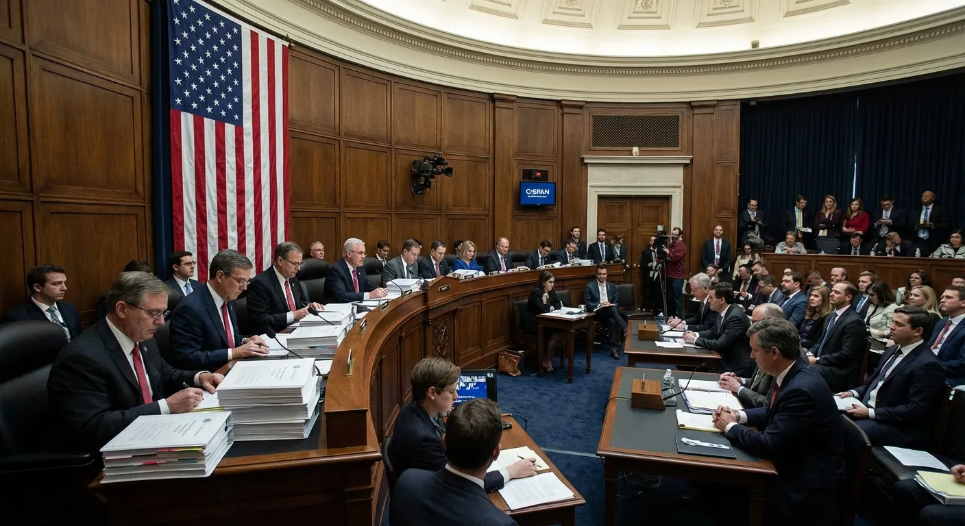 Congressional hearing room with lawmakers discussing military budget documents