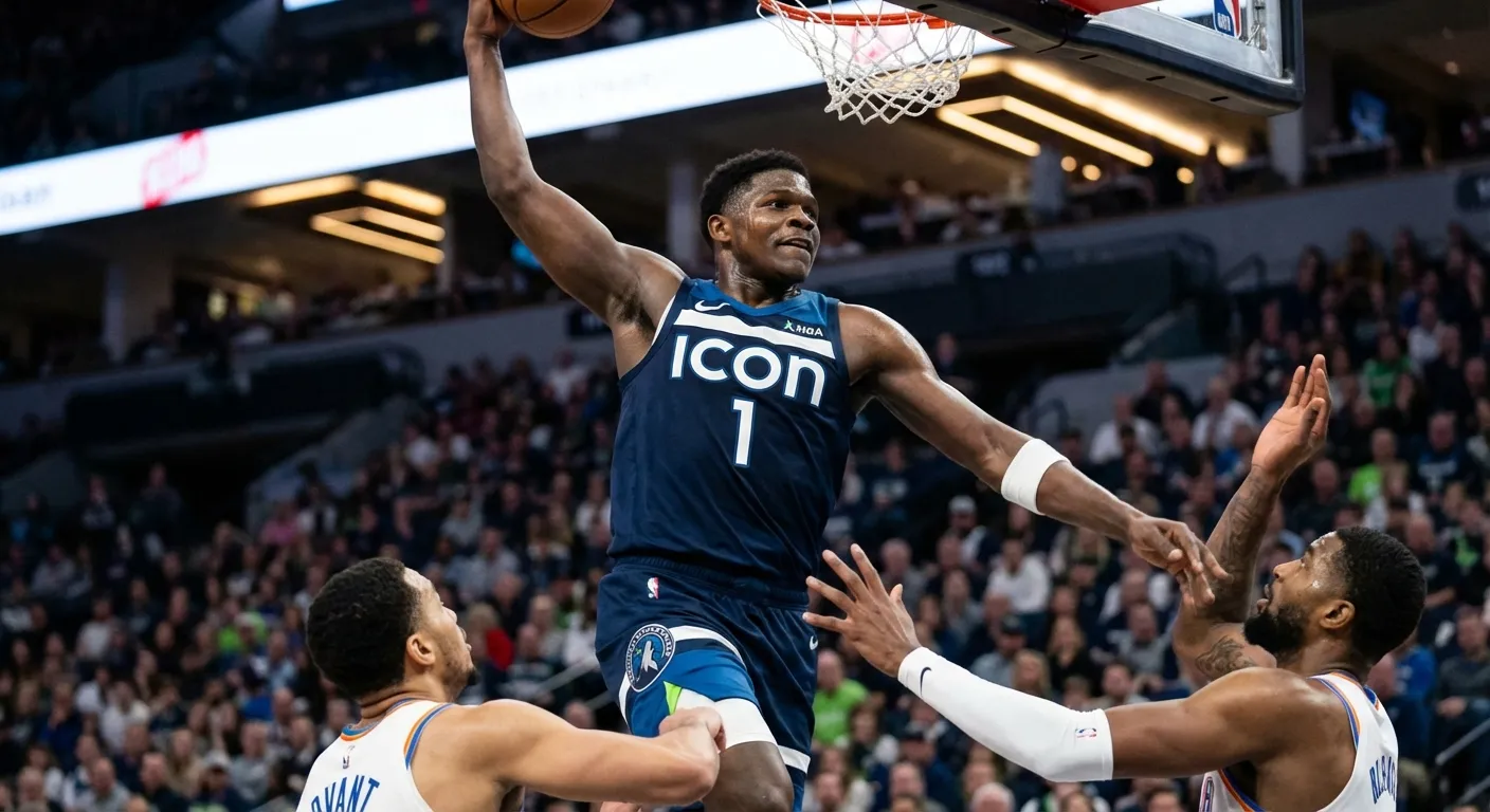 Anthony Edwards driving to the basket against defenders