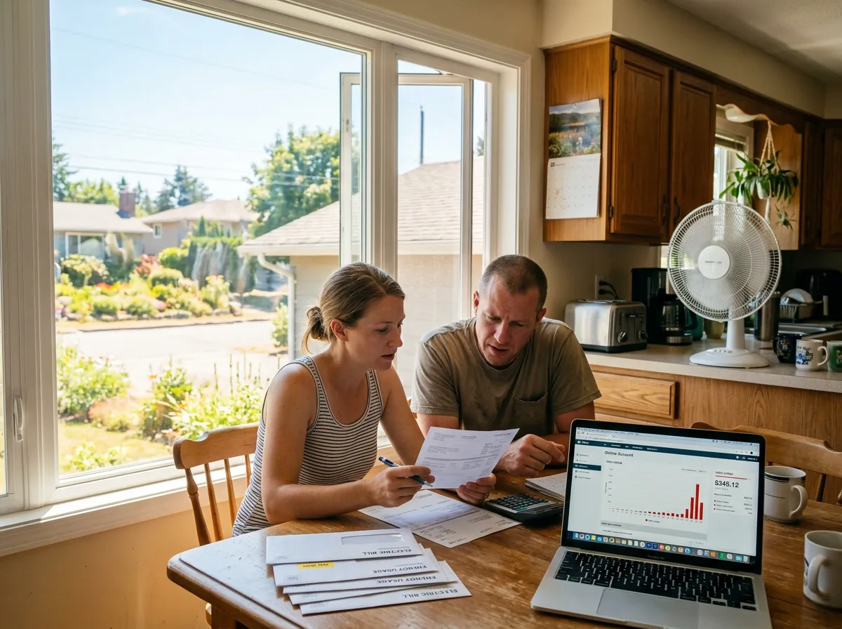 Family checking a utility bill in a kitchen with summer heat visible through the window