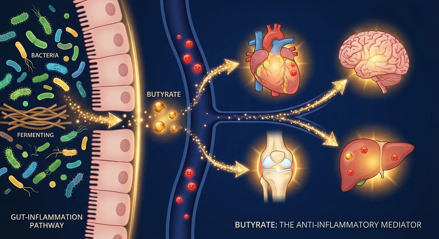 Diagram showing gut microbiome producing butyrate from fiber fermentation reducing systemic inflammation