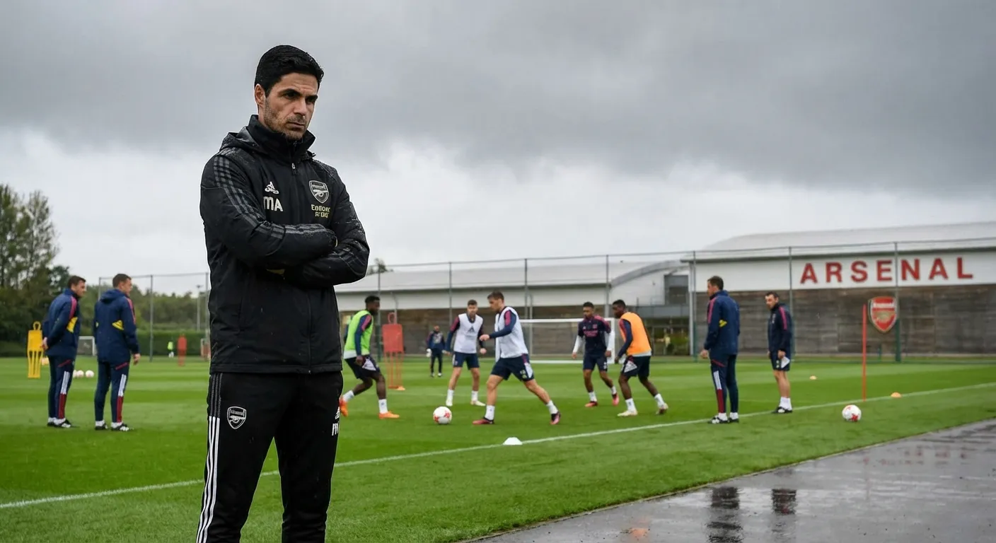 Arsenal manager Mikel Arteta watching training with a contemplative expression
