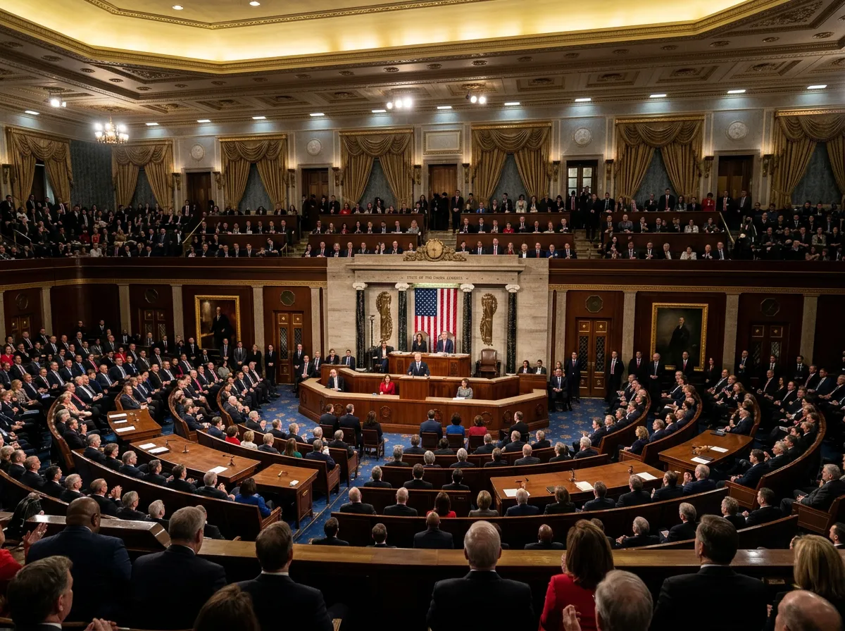 The interior of the House chamber during the State of the Union address with members of Congress seated