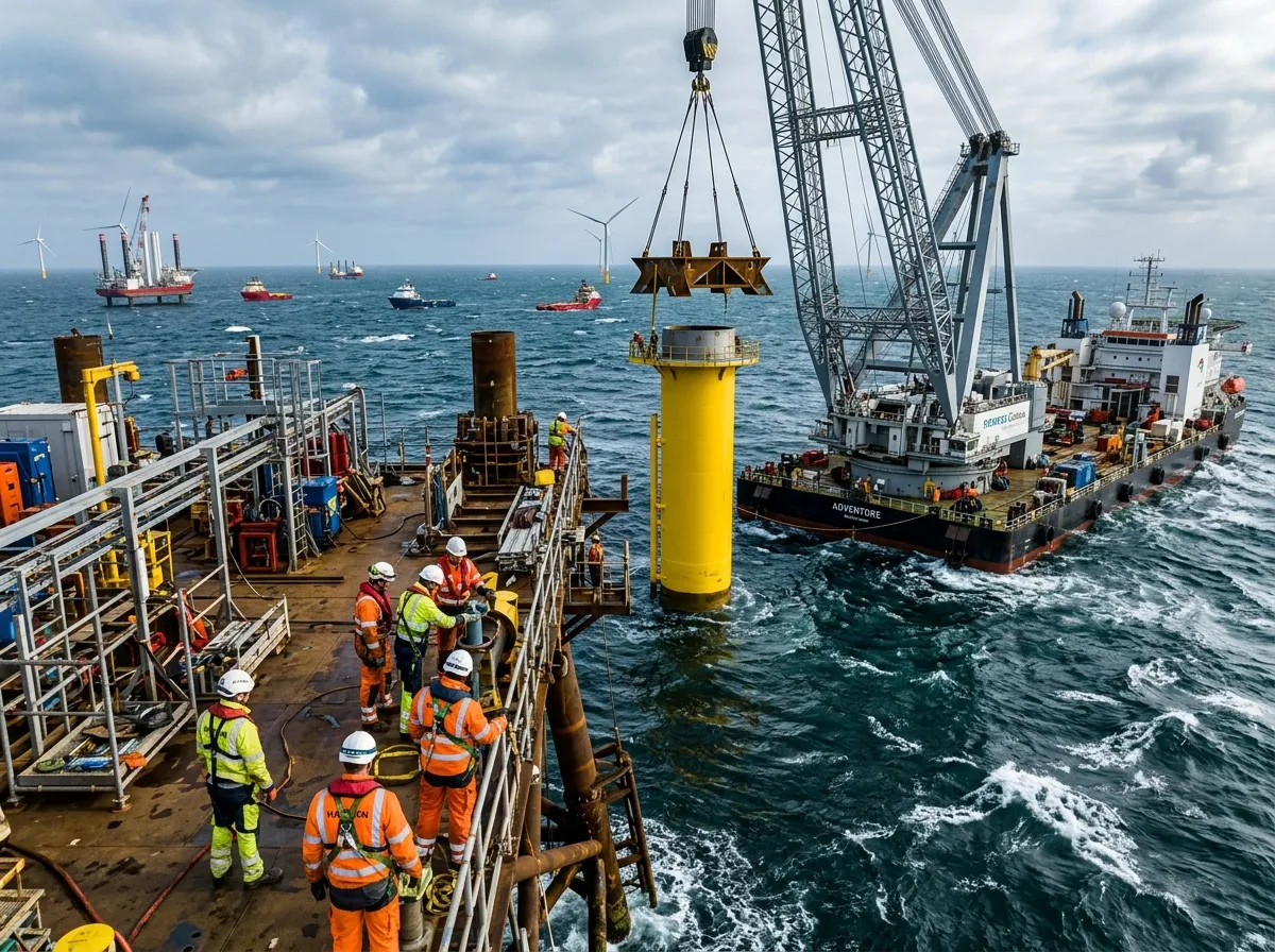Construction workers installing a massive wind turbine foundation in the ocean