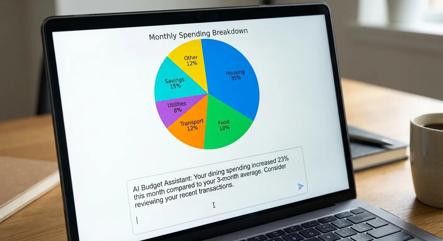 Laptop screen showing a budget breakdown pie chart with AI-generated spending insights