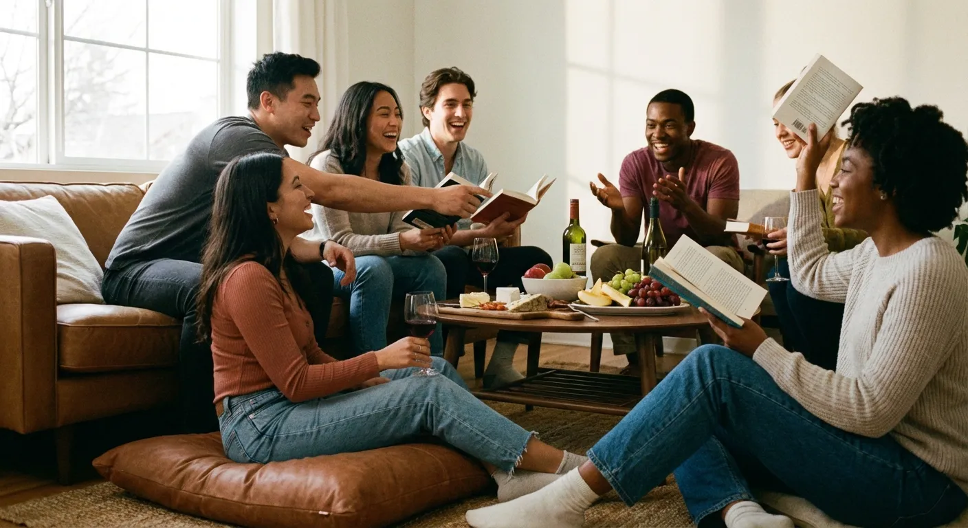 Group of young people gathered for book club with printed books