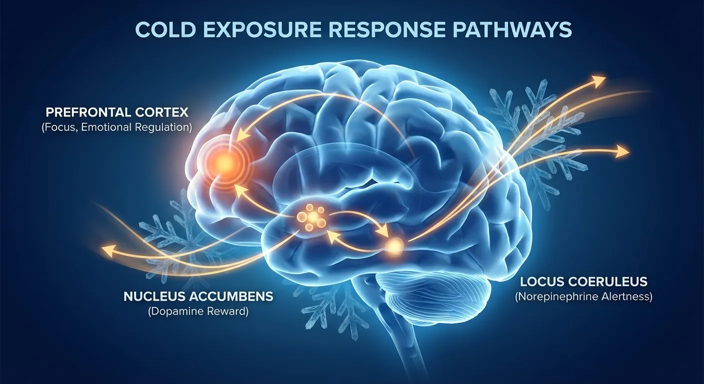Brain diagram showing areas affected by cold exposure including dopamine pathways