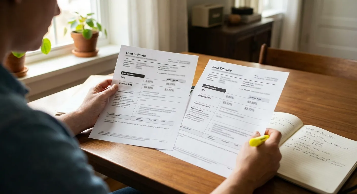 Person comparing two mortgage loan estimate documents side by side