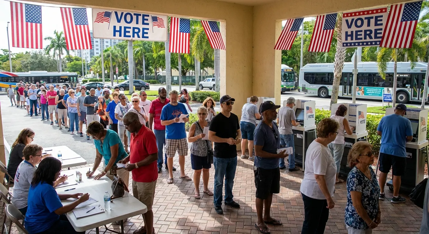 Voters casting ballots at a Miami polling location with diverse crowd