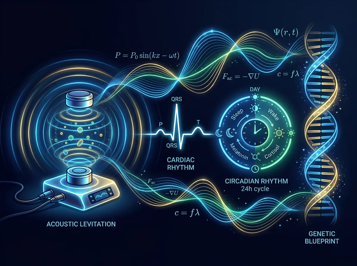 Conceptual illustration connecting acoustic time crystals to biological rhythms like heartbeats
