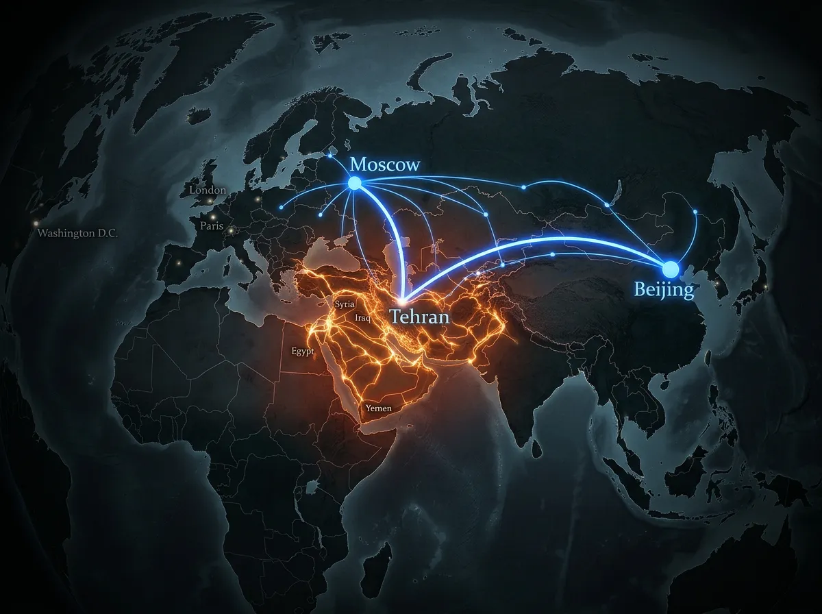 A world map with highlighted diplomatic connections between Iran, Russia, and China