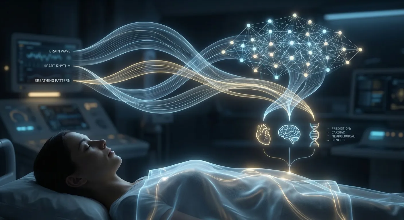 Futuristic visualization of AI analyzing sleep data with neural networks and health monitoring waves