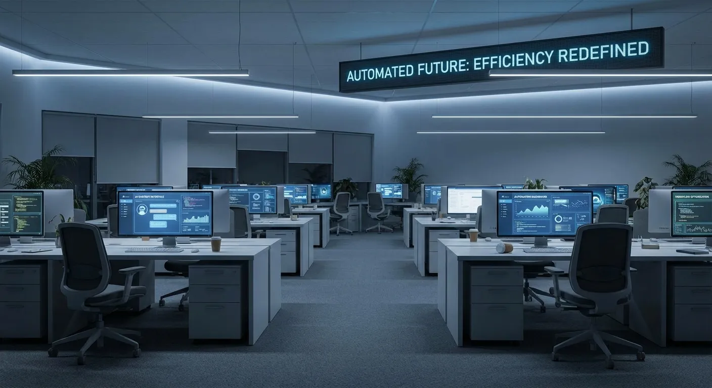 Empty office cubicles with computer screens showing AI interfaces