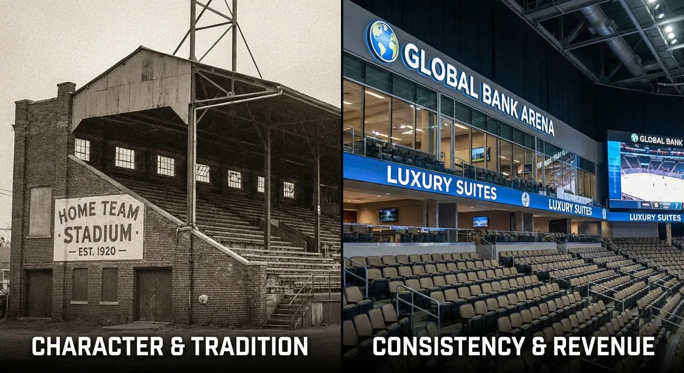 Side-by-side comparison of old unique stadium versus modern standardized arena