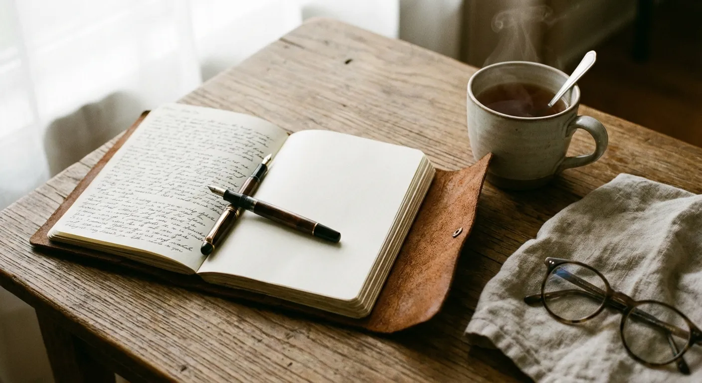Journal open on wooden table with pen and cup of tea in soft morning light